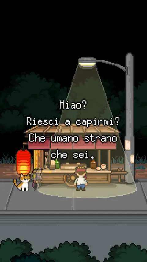 Schermata di Bear's Restaurant: un chiosco notturno illuminato da un lampione, un gatto sulla sinistra e un dialogo in italiano che dice Miao? Riesci a capirmi?
