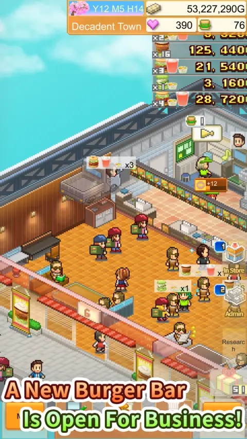 Schermata di Burger Bistro Story: il locale visto dall'alto in pixel art, clienti in coda ai banchi e i totali delle vendite elencati in cima allo schermo.