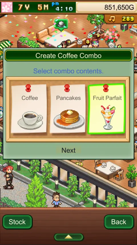 Schermata di Cafe Master Story: la finestra Create Coffee Combo con tre schede di ingredienti da selezionare, e in alto la data interna del gioco che segna anno 7, mese 5.